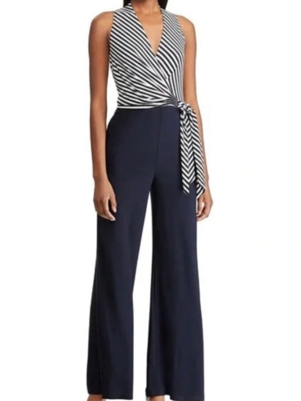 Ralph Lauren Navy Jumpsuit with Navy and-White Striped Top and Tie